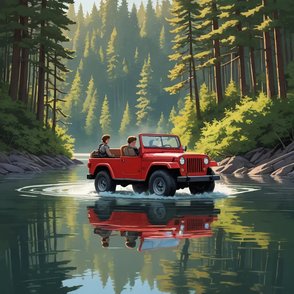 a red jeep driving through a forest filled with trees and water with a man in the bed of the truck, american scene painting, poster art, Dan Mumford, dan mumford. octane render