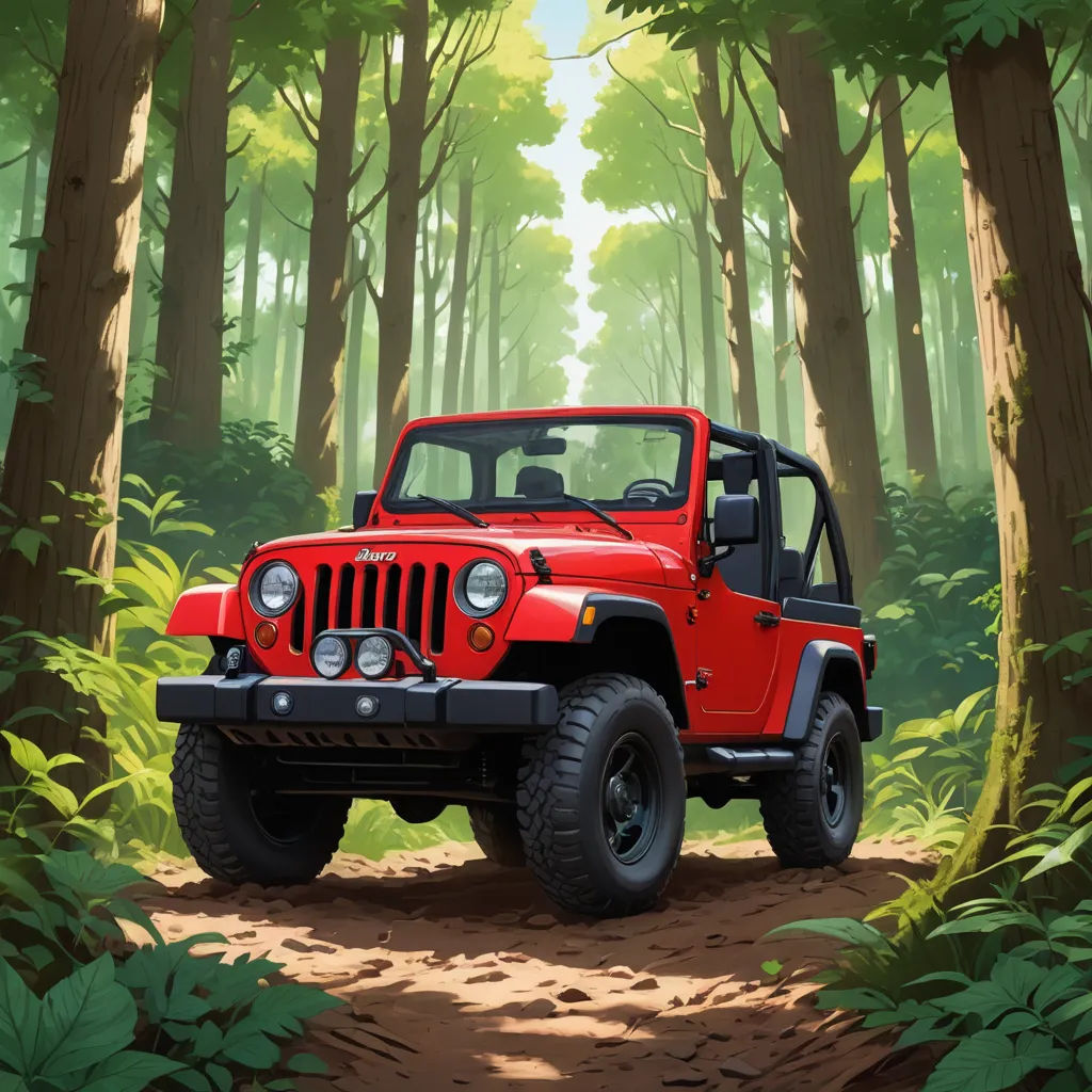 a red jeep driving through a forest filled with trees and bushes on a dirt road with a forest scene in the background, american scene painting, a comic book panel, Dan Mumford, dan mumford. octane render