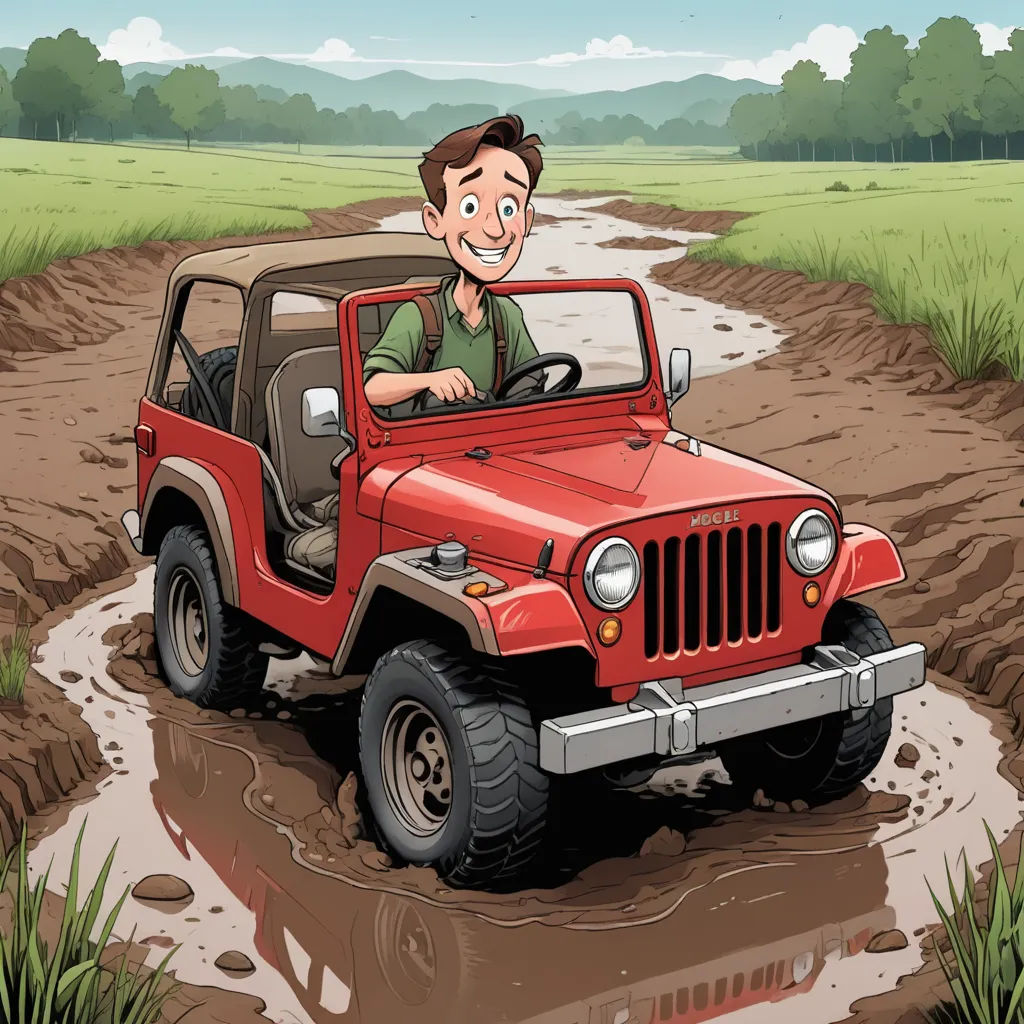 a cartoon of a man driving a red jeep through a muddy road with a puddle of mud on the ground, serial art, a storybook illustration, Cliff Childs, comic cover art