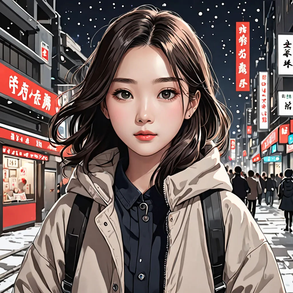 a woman standing on a street in a city at night with a backpack on her shoulder and a backpack on her shoulder, aestheticism, a manga drawing, Artgerm, stanley artgerm lau