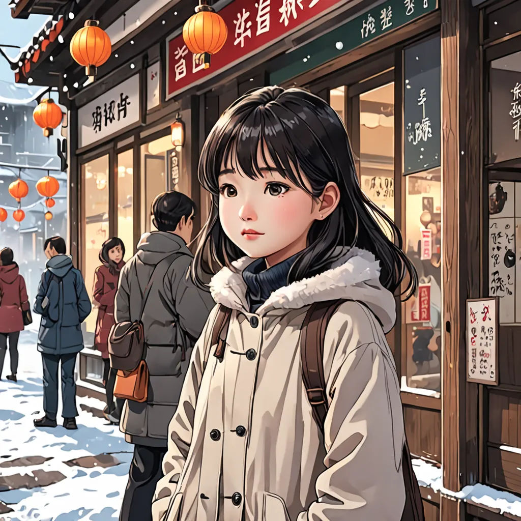 a woman standing in front of a store with a bunch of people walking by her on a snowy day, art & language, a comic book panel, Artgerm, anime art