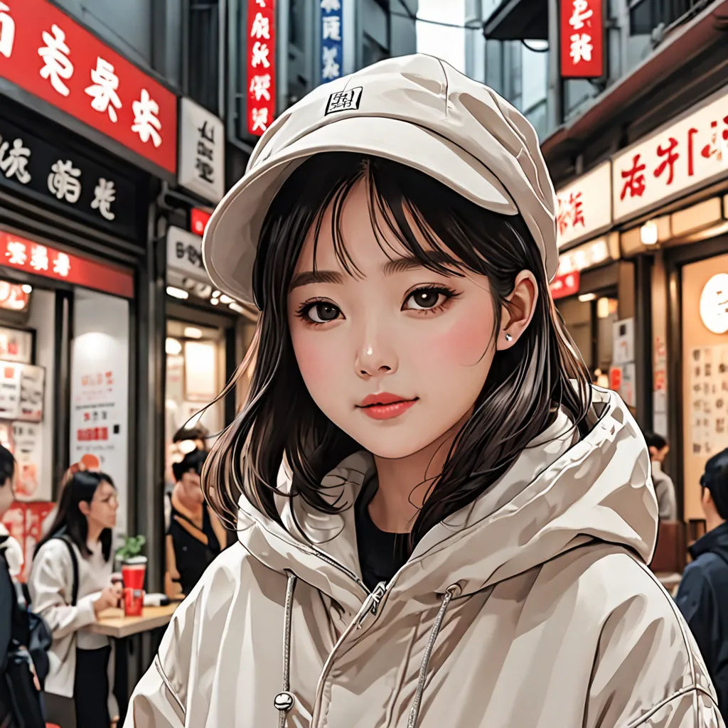 a woman in a hat standing in front of a store front with people walking by and eating food on the sidewalk, photorealism, a manga drawing, Artgerm, stanley artgerm lau