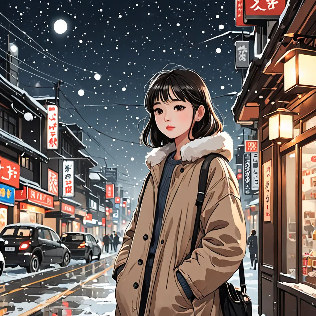 a woman standing on a street corner in the snow with a handbag on her hip and a man walking down the street, aestheticism, a comic book panel, Atey Ghailan, anime art