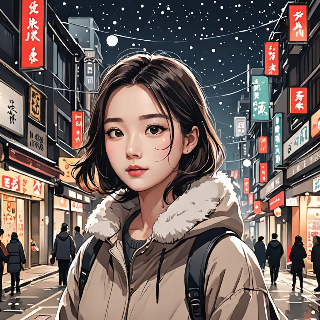 a woman standing on a street in a city at night with a snow covered sky behind her and a cityscape with asian characters on the street, art & language, a comic book panel, Artgerm, stanley artgerm lau