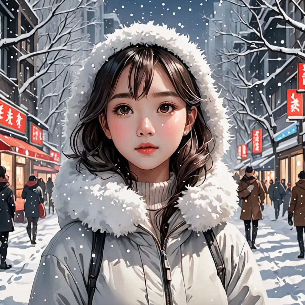 a painting of a woman in a snowy city street with a snow covered tree and buildings in the background, fantasy art, a detailed painting, Artgerm, stanley artgerm lau