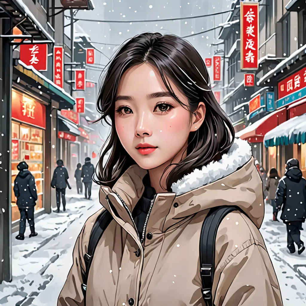 a woman in a winter coat is walking down a snowy street with a backpack on her shoulder and a man in a black jacket is walking behind her, fantasy art, a comic book panel, Artgerm, stanley artgerm lau