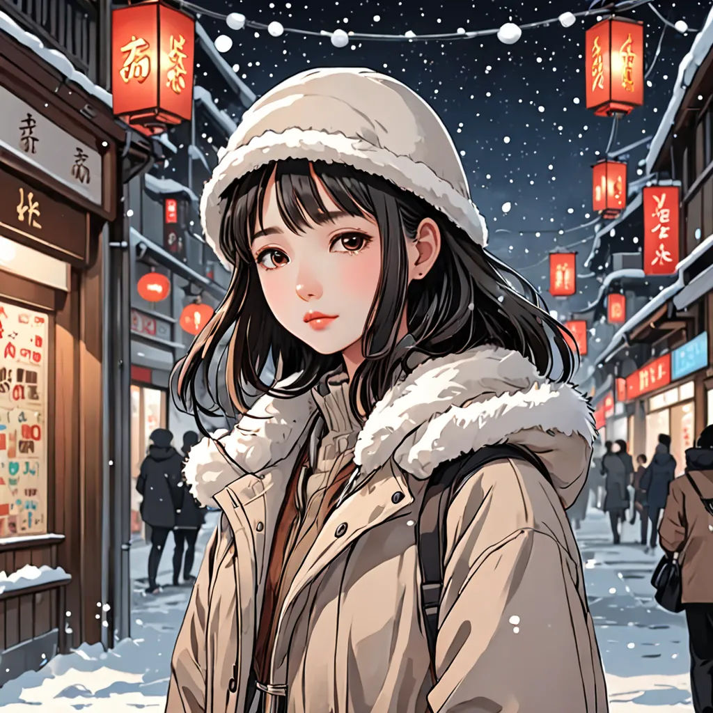 a woman in a winter coat and hat standing in front of a store front with lanterns hanging above her, aestheticism, a comic book panel, Artgerm, anime art