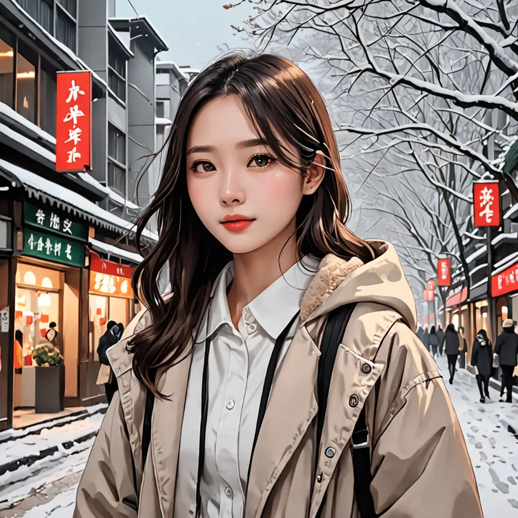a woman standing on a snowy street in front of a store front with a red sign that says,, american scene painting, a photorealistic painting, Artgerm, stanley artgerm lau