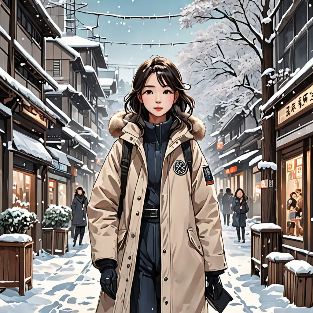 a woman walking down a snow covered street in a coat and boots, with a shopping area in the background, art & language, a comic book panel, An Gyeon, comic cover art