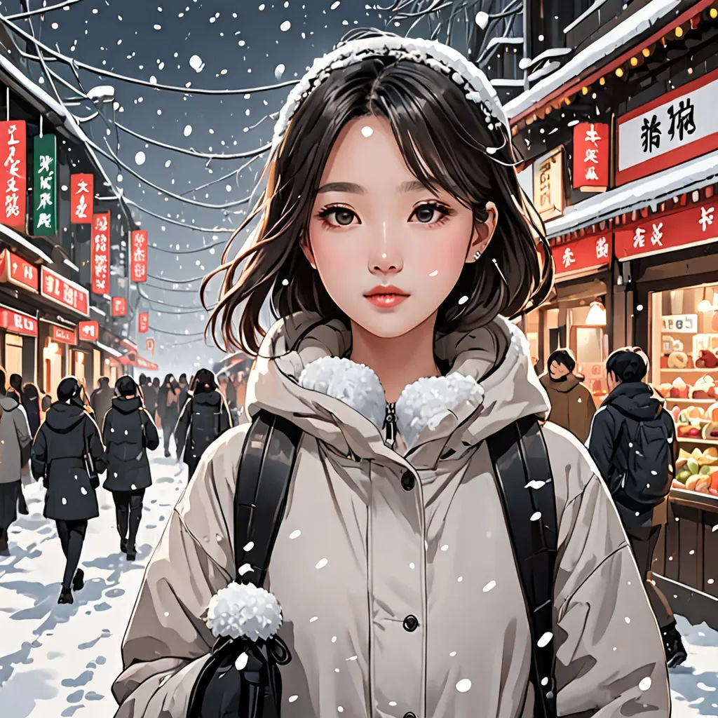 a woman in a winter coat is walking down a snowy street with a backpack on her shoulder and a shopping center in the background, fantasy art, a manga drawing, Artgerm, stanley artgerm lau