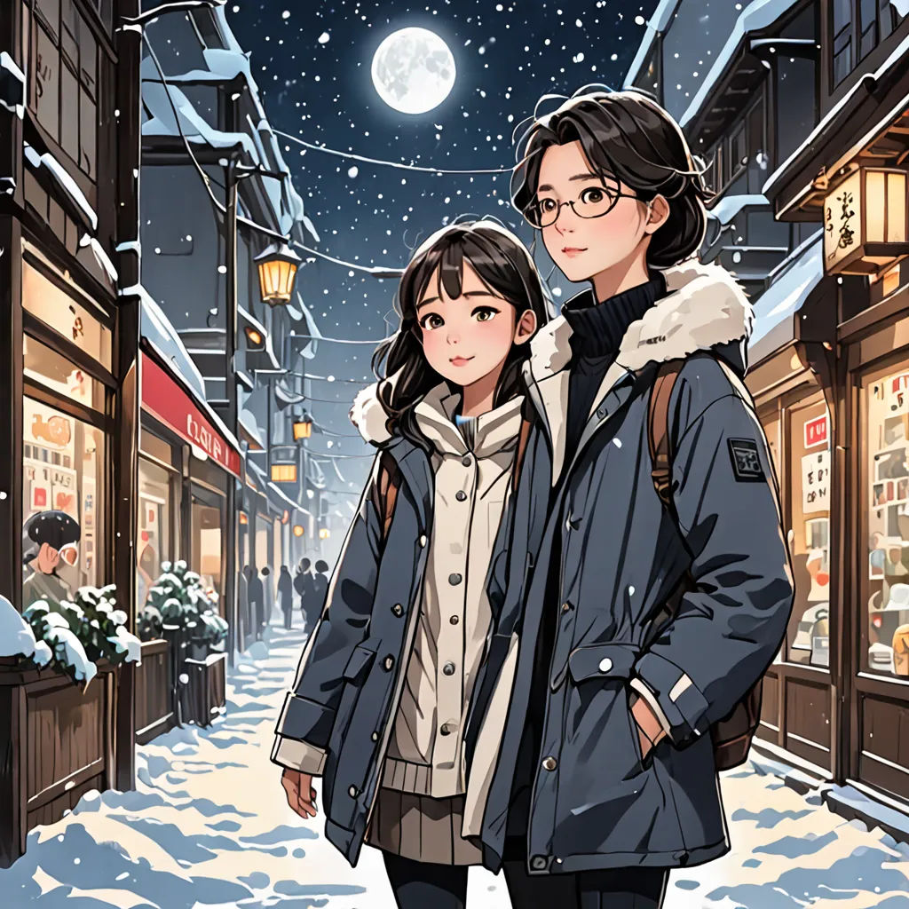 a couple of people standing in front of a building in the snow at night with a full moon in the sky, aestheticism, a manga drawing, An Gyeon, rossdraws global illumination