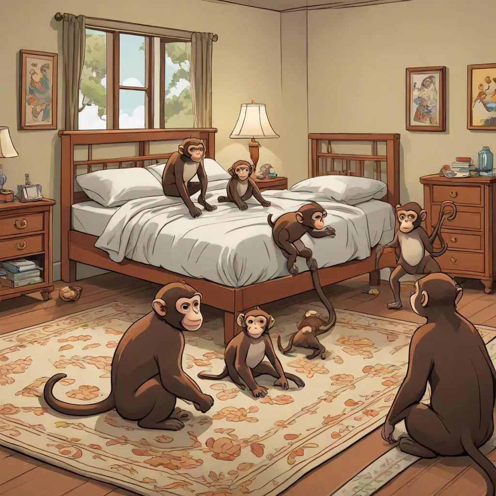 a group of monkeys sitting on a bed in a bedroom with a rug and a lamp on the floor, furry art, a storybook illustration, Don Bluth, official art