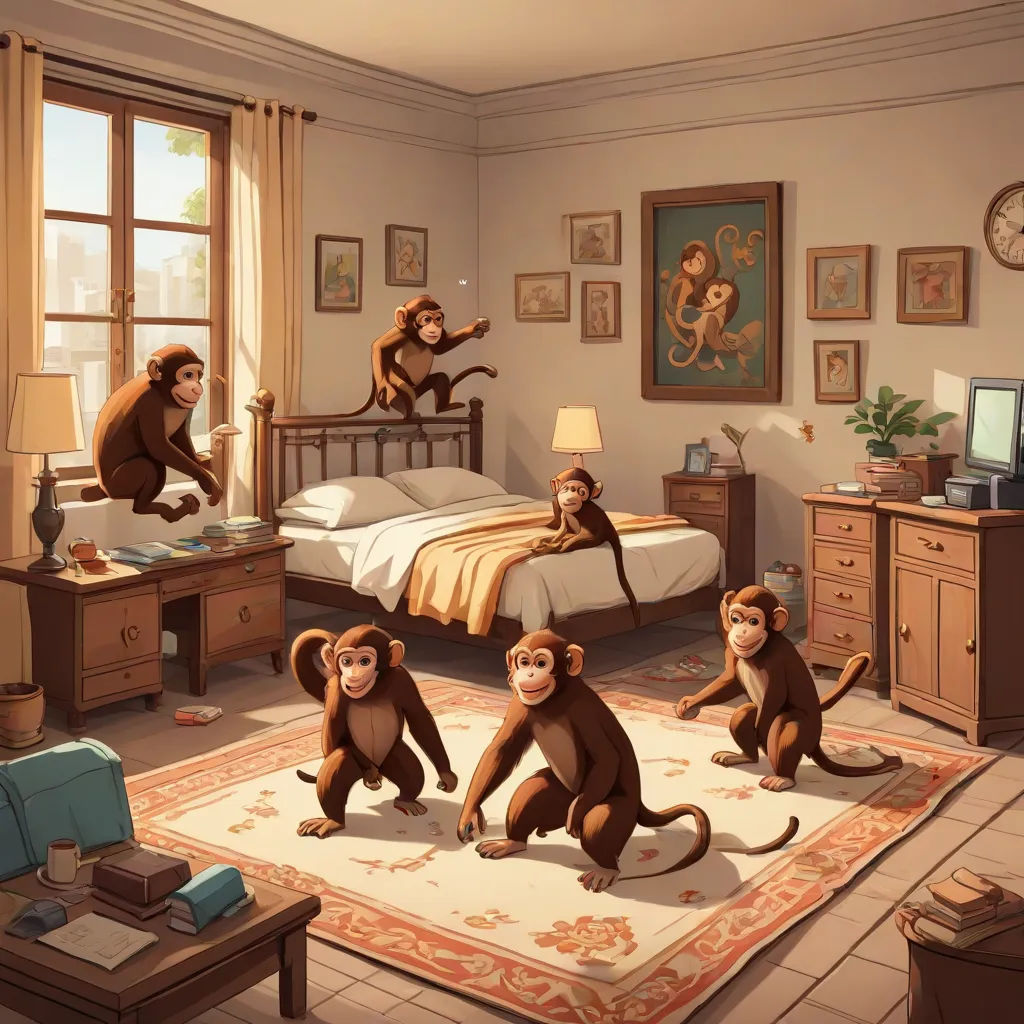 a group of monkeys sitting on a rug in a bedroom next to a bed and a dresser with a tv, action painting, a storybook illustration, Chris LaBrooy, cgstudio