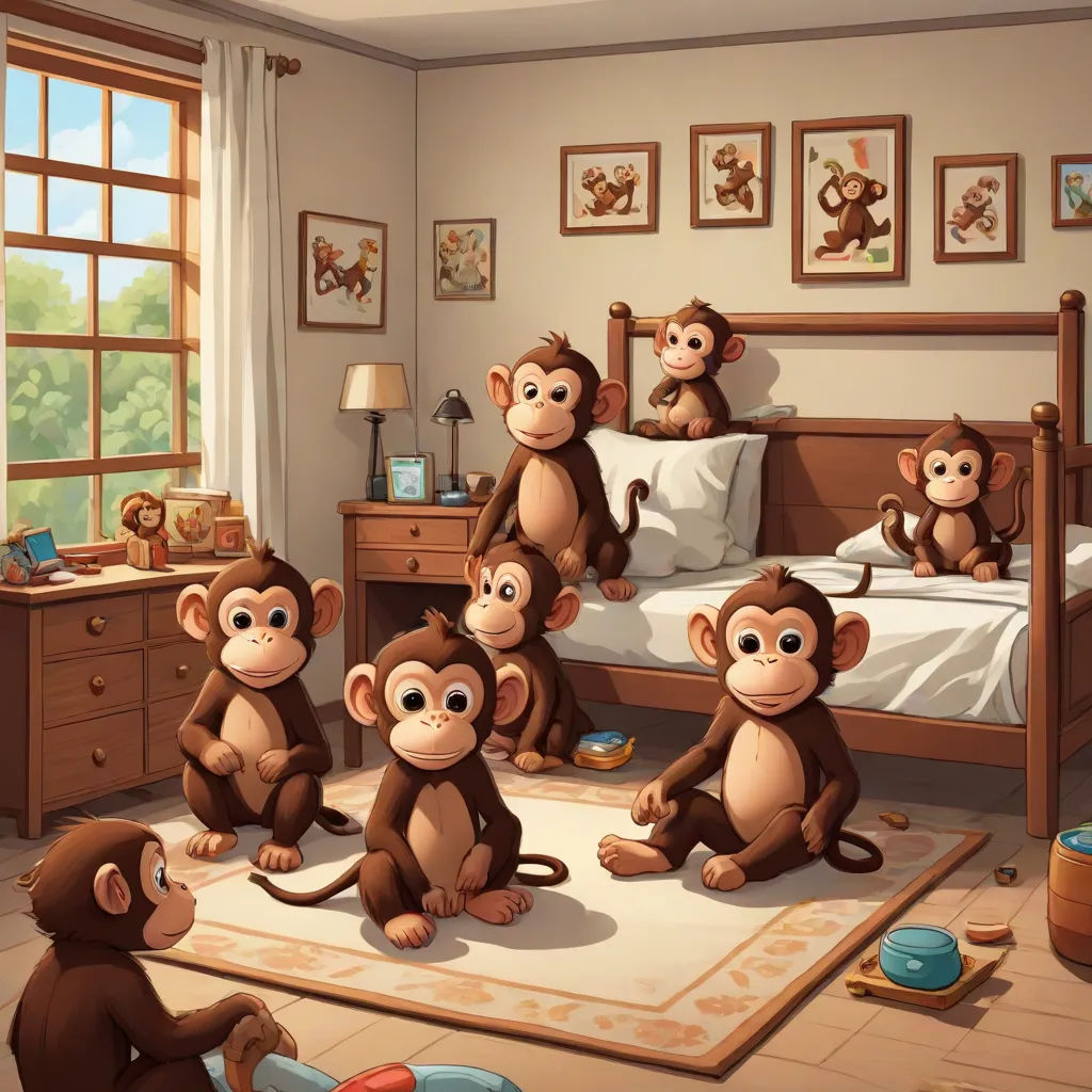 a group of monkeys sitting on a rug in a bedroom with a bed and dressers in the background, pop surrealism, a storybook illustration, David Teniers III, furaffinity