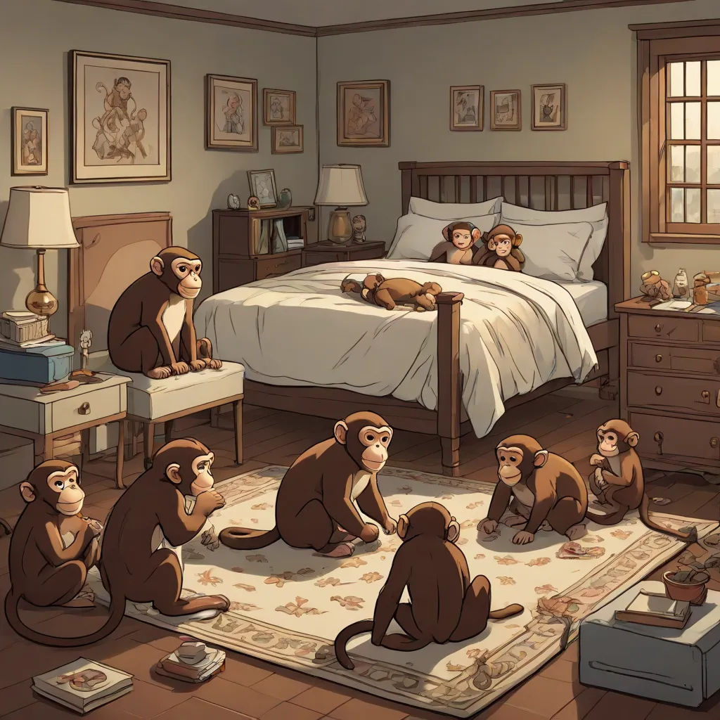 a group of monkeys sitting on a rug in a bedroom next to a bed and a dresser with a mirror, furry art, a storybook illustration, Cliff Childs, storybook illustration