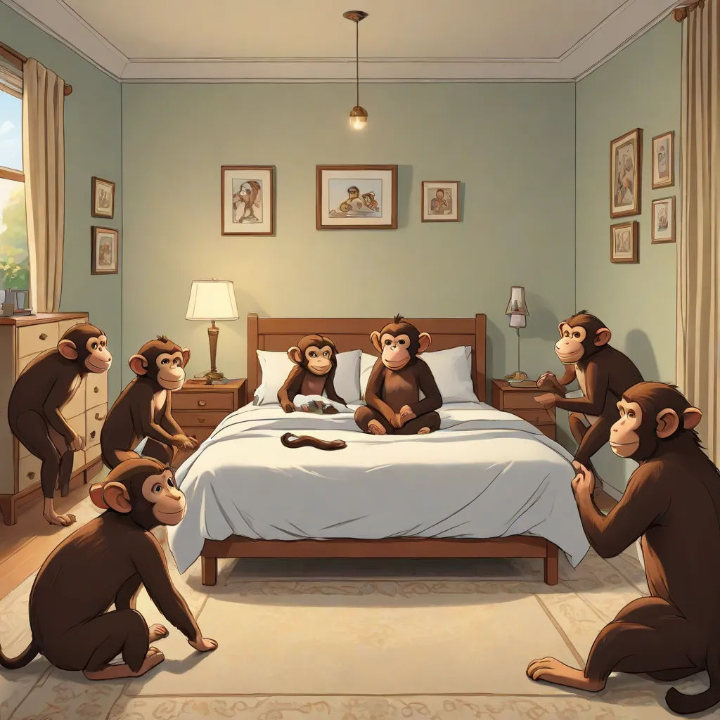 a group of monkeys sitting on a bed in a bedroom with a lamp on the side of the bed, figurativism, a storybook illustration, Chris LaBrooy, official art