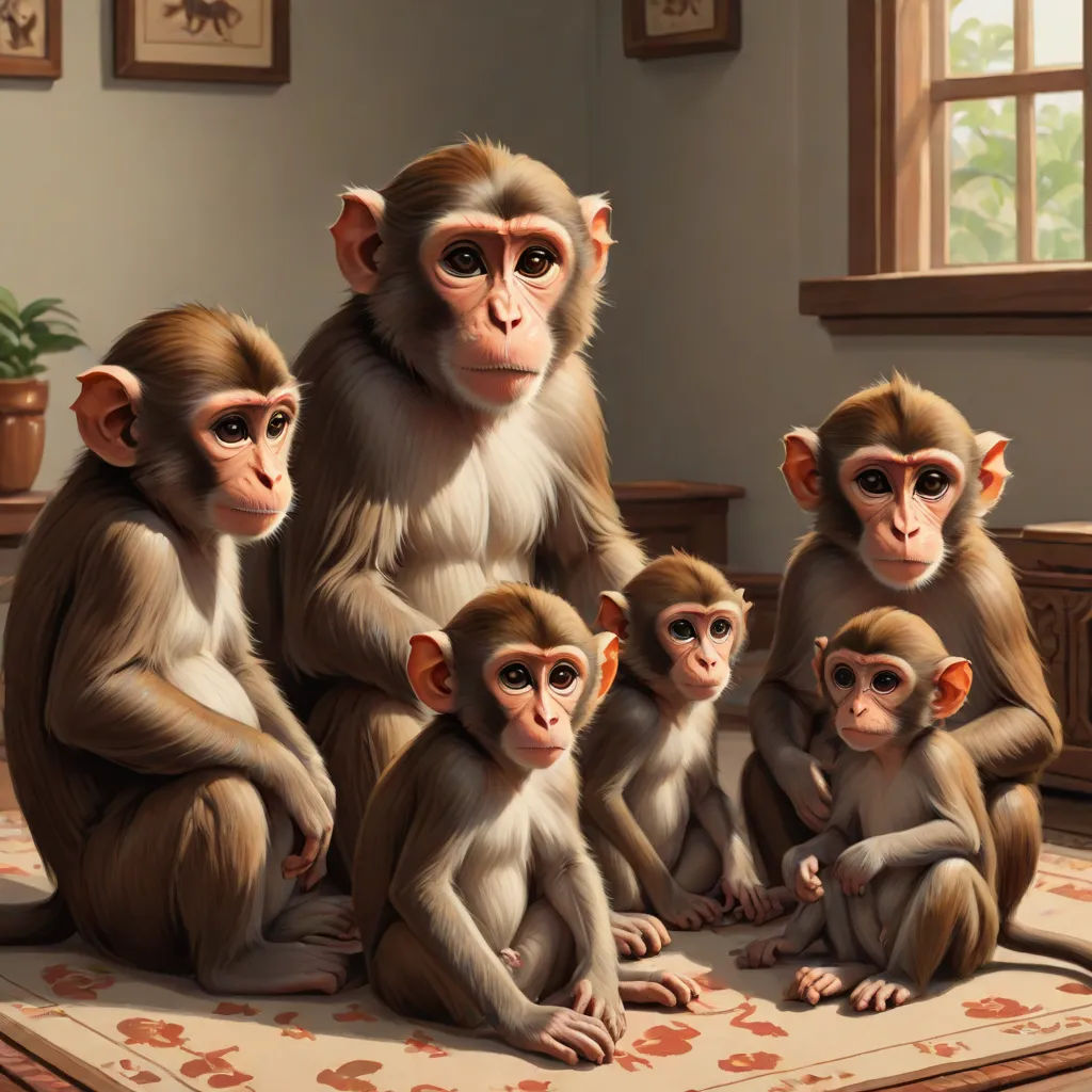 a group of monkeys sitting on a rug in a room with a window and a rug on the floor, bengal school of art, an oil painting, Brothers Hildebrandt, cgstudio