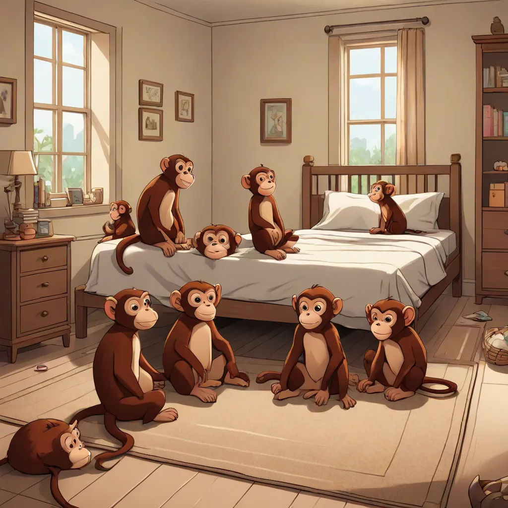 a group of monkeys sitting on a bed in a bedroom with a window and a rug on the floor, furry art, a storybook illustration, Chris LaBrooy, furaffinity