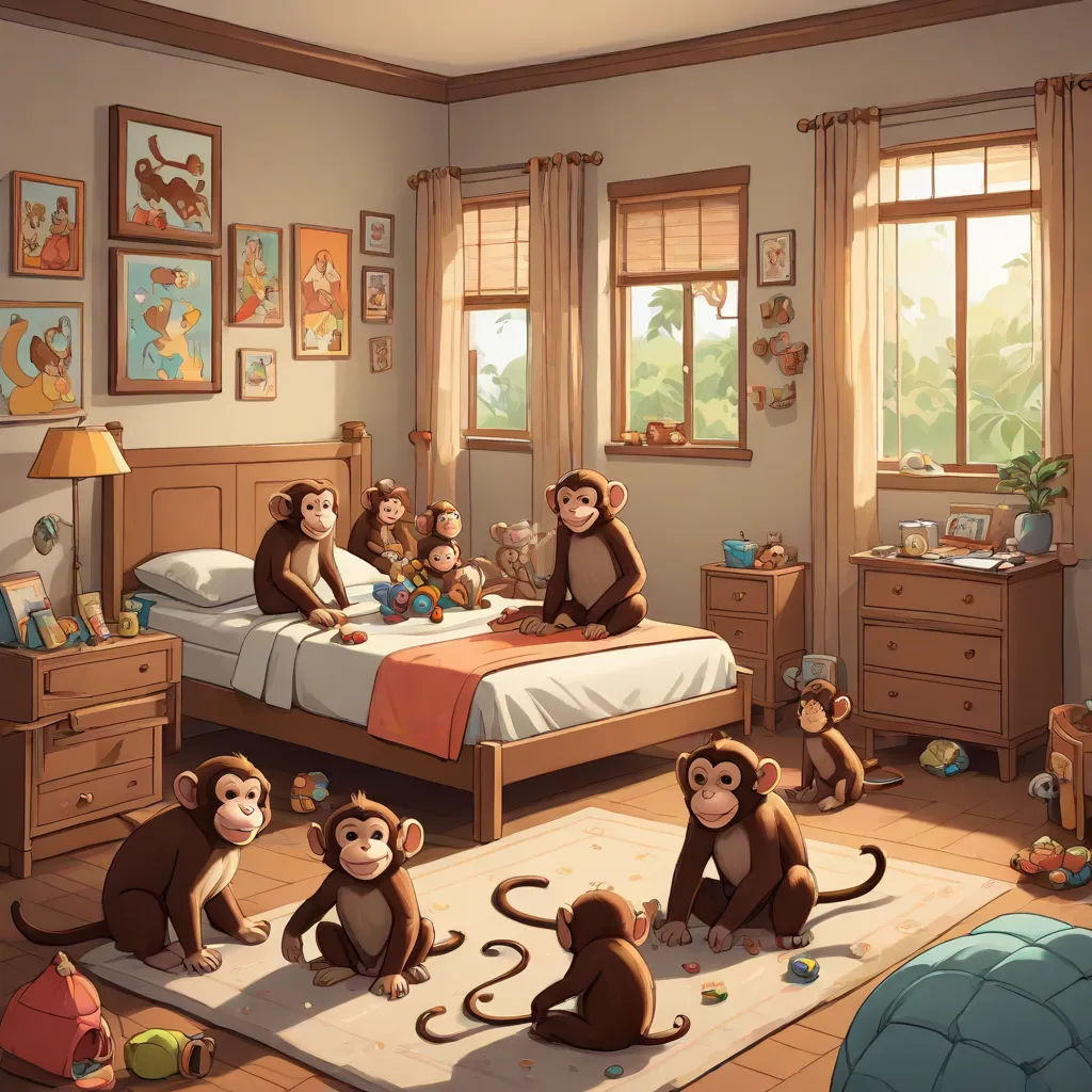 a group of monkeys sitting on top of a bed in a bedroom next to a window with a monkey on it, furry art, a storybook illustration, Chris LaBrooy, cgstudio