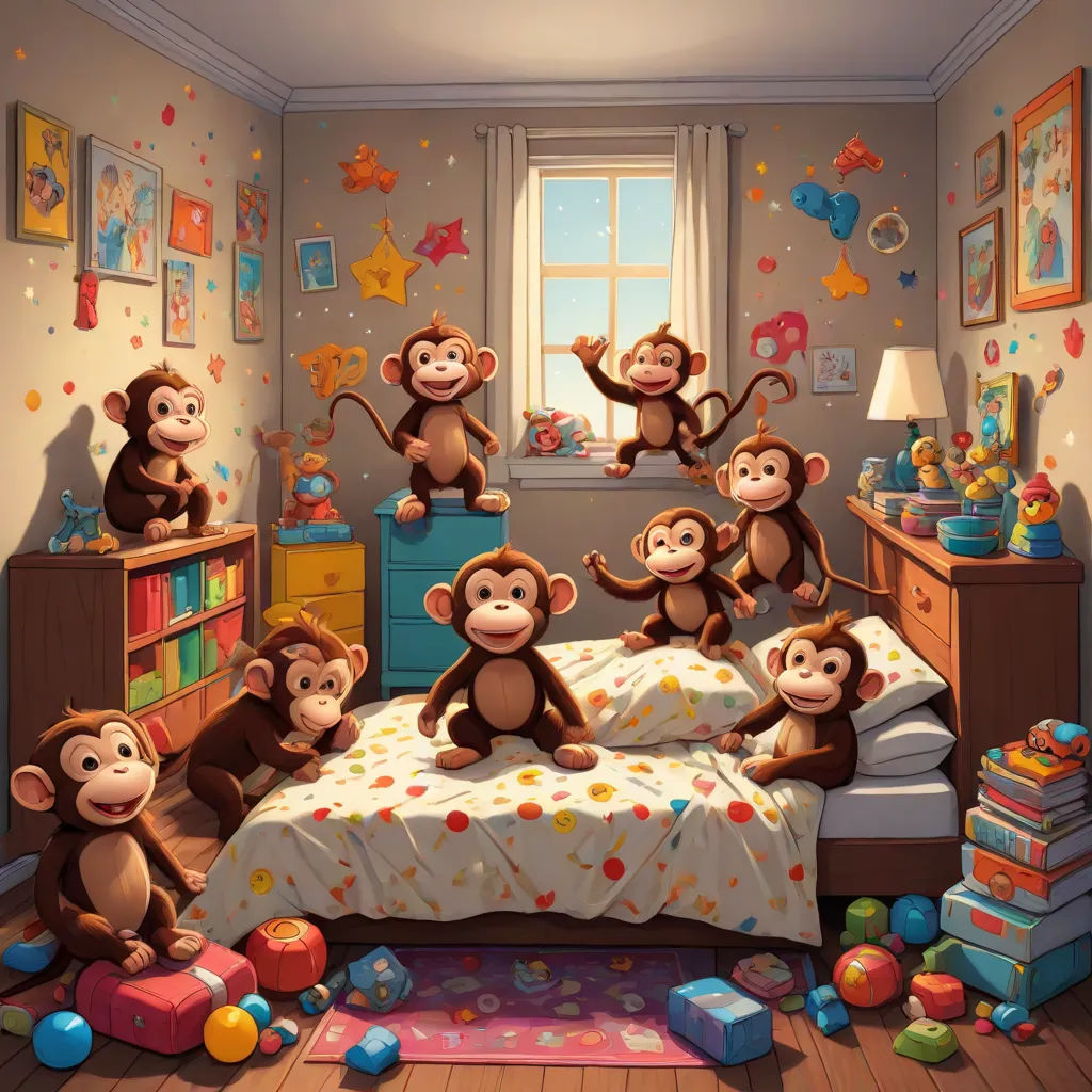 a group of monkeys sitting on top of a bed in a bedroom next to a window with a view of a city, pop surrealism, a storybook illustration, Chris LaBrooy, highly detailed digital painting