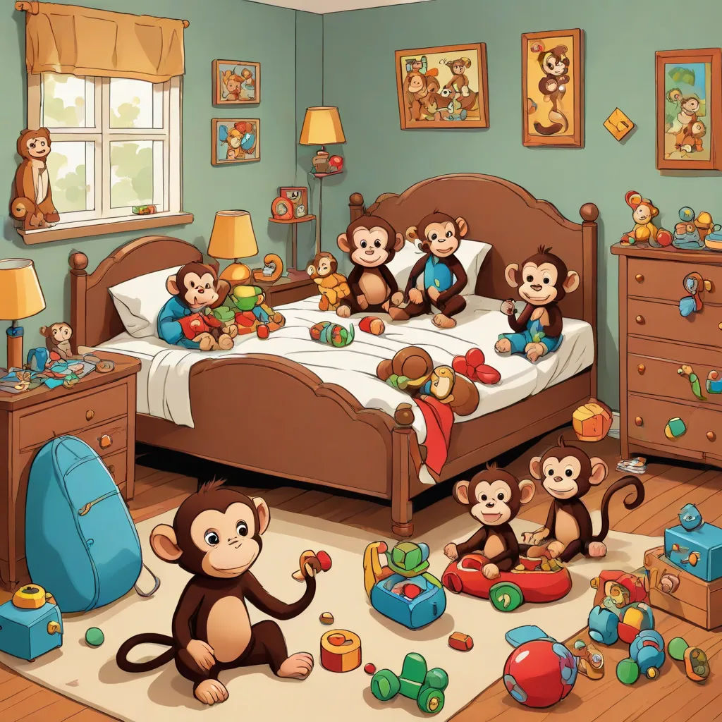 a bedroom with a bed, dresser, and a bunch of stuffed animals on the floor and a monkey on the bed, pop surrealism, a storybook illustration, Diego Gisbert Llorens, highly detailed digital painting