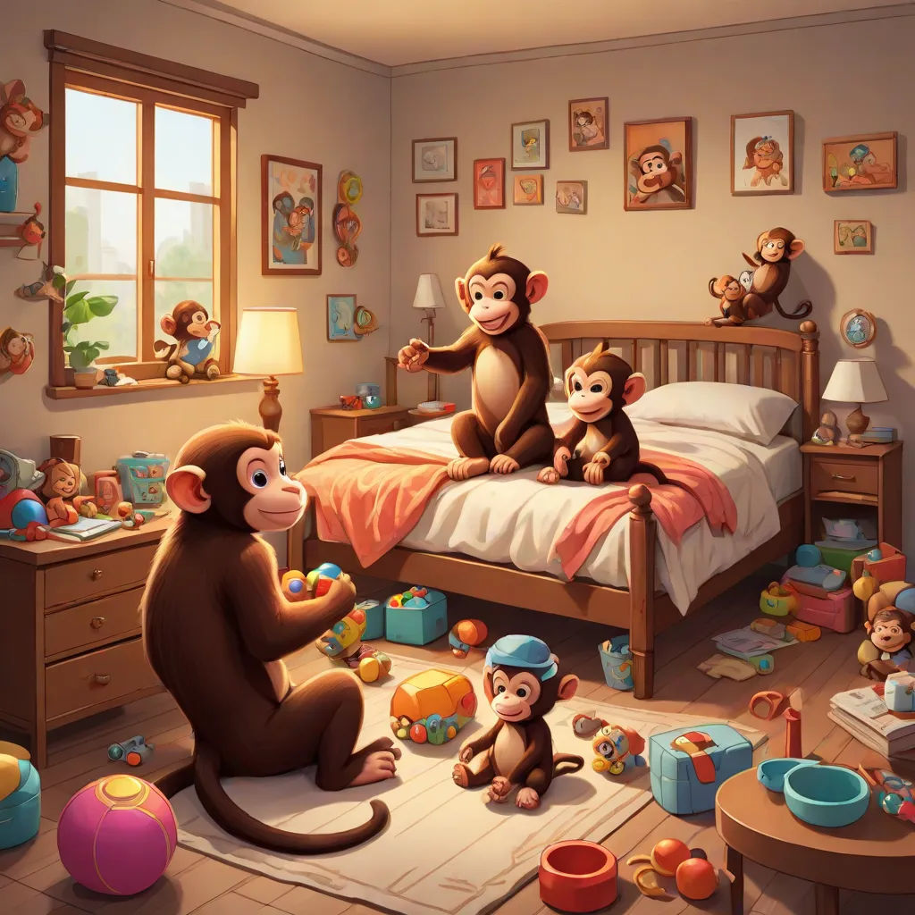 a monkey and three monkeys sitting on a bed in a bedroom with toys all around them and a lamp, furry art, a storybook illustration, Chris LaBrooy, highly detailed digital painting