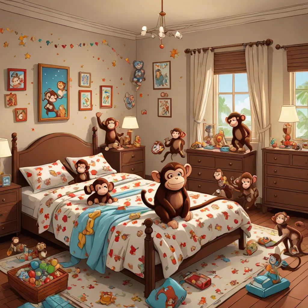 a bedroom with a bed, dresser, and monkey decorations on the walls and a ceiling fan and a window, furry art, a detailed matte painting, Chris LaBrooy, highly detailed digital painting