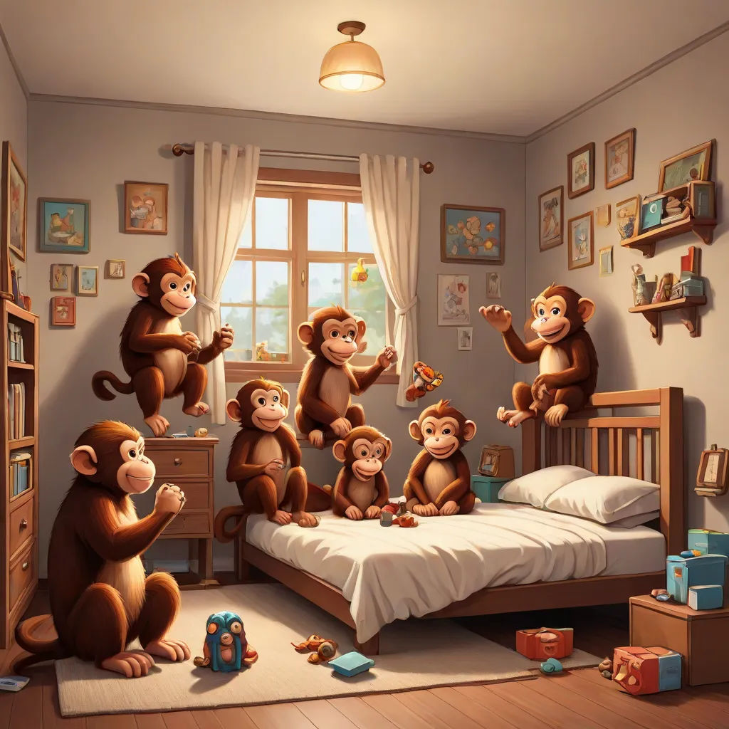 a group of monkeys sitting on top of a bed in a bedroom next to a window with a window, pop surrealism, a storybook illustration, Chris LaBrooy, highly detailed digital painting