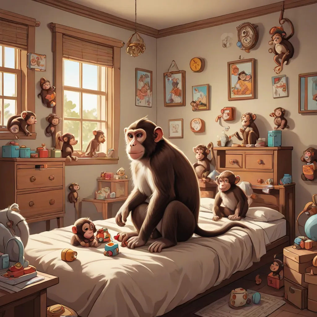 a monkey sitting on a bed with a bunch of stuffed animals around it in a bedroom with a window, pop surrealism, a storybook illustration, Chris LaBrooy, cgstudio