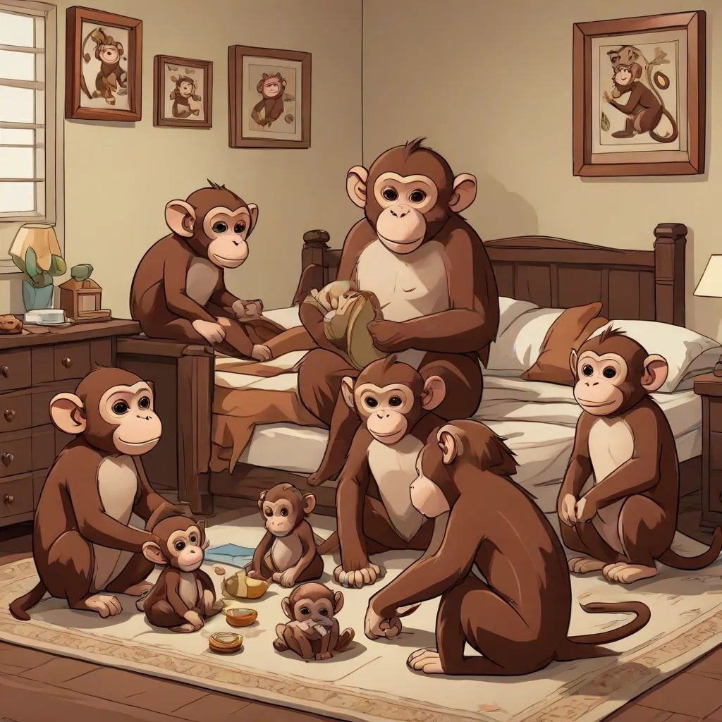a group of monkeys sitting on a bed in a room with a dresser and a bed with a bed spread, furry art, a storybook illustration, Diego Gisbert Llorens, cgstudio