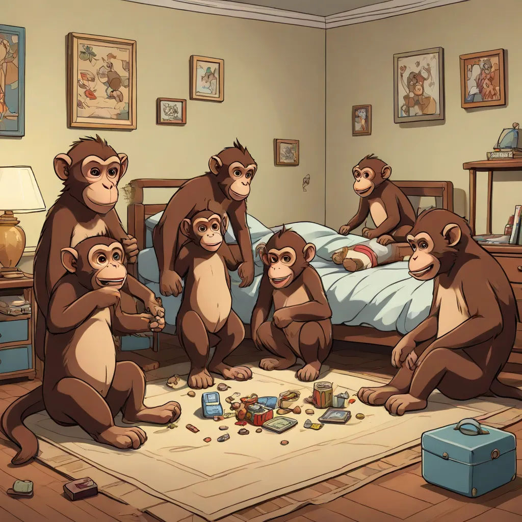 a group of monkeys sitting on a rug in a bedroom with a bed and a dresser with a chest of drawers, incoherents, a storybook illustration, David Teniers III, furaffinity