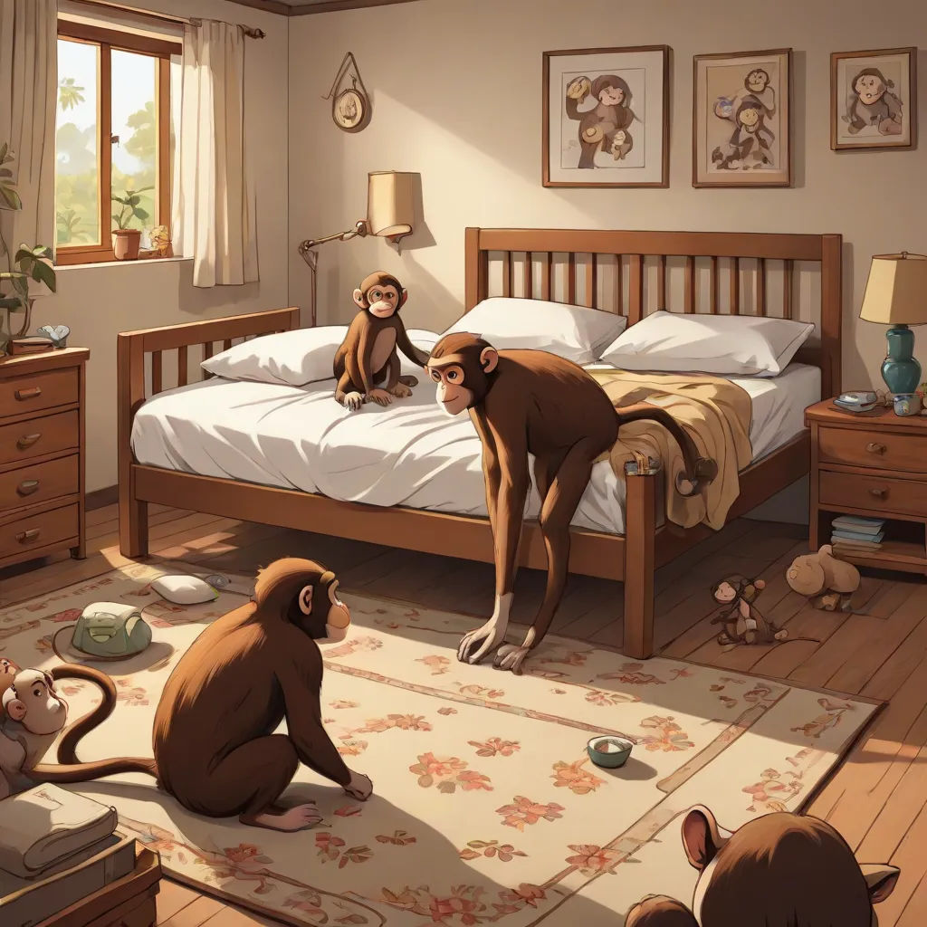 a monkey sitting on a bed next to a monkey sitting on a chair in a bedroom with a monkey on the bed, furry art, a storybook illustration, Chris LaBrooy, cgstudio
