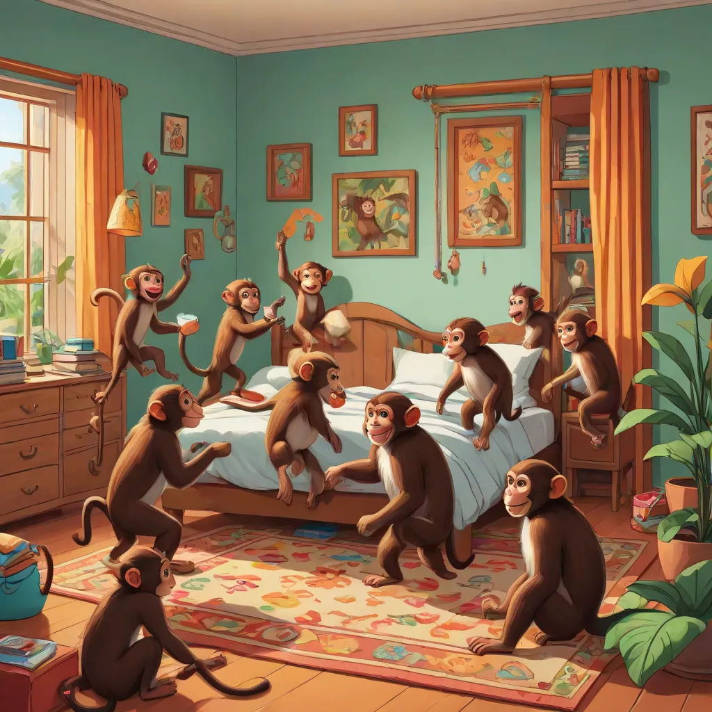 a group of monkeys sitting on top of a bed in a bedroom next to a window with curtains and a rug, furry art, a storybook illustration, Chris LaBrooy, cgstudio