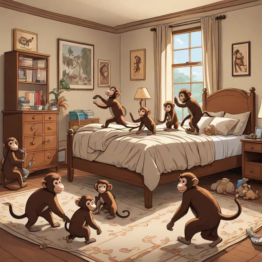a group of monkeys sitting on top of a bed in a bedroom next to a window with a lamp, furry art, a storybook illustration, Chris LaBrooy, cgstudio