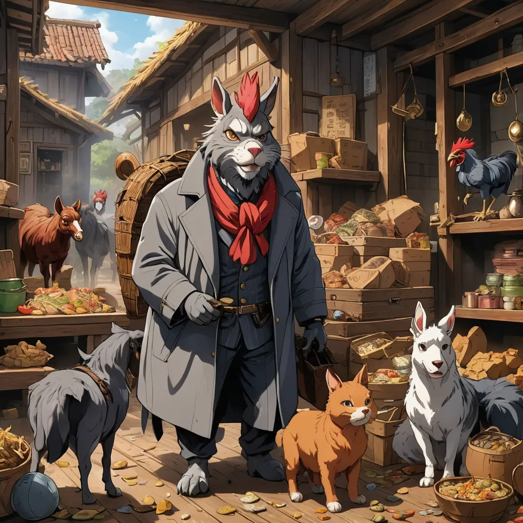 a man in a rabbit suit surrounded by animals and other items in a storefront area with a dog, furry art, concept art, David Teniers III, official art