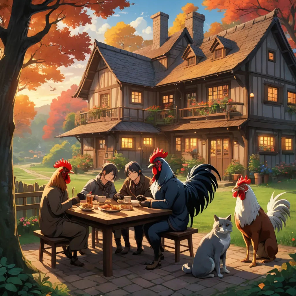 a painting of a family sitting at a table outside a house with chickens and roosters around it, eating, magic realism, a storybook illustration, Brothers Hildebrandt, official art