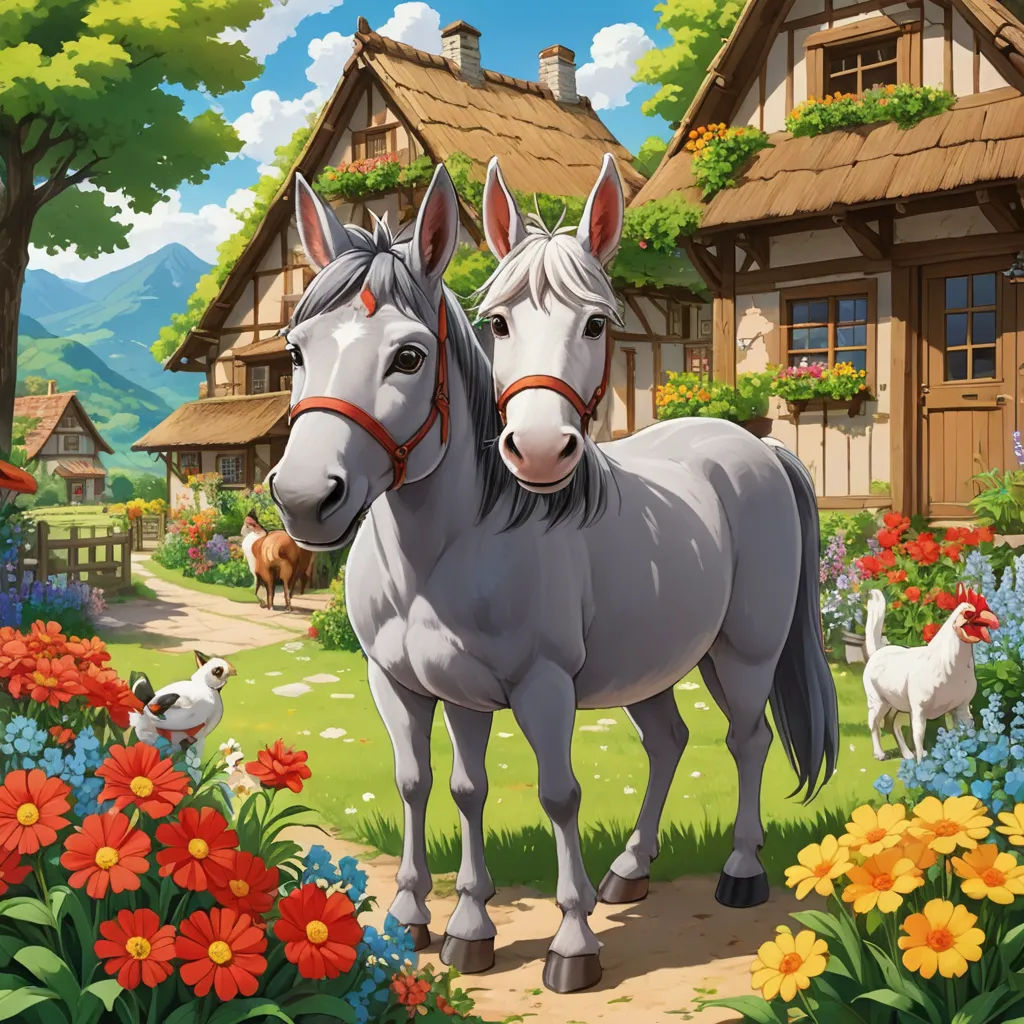 a painting of two horses in a flower garden with a house in the background and a dog in the foreground, naive art, a storybook illustration, Chris LaBrooy, highly detailed digital painting