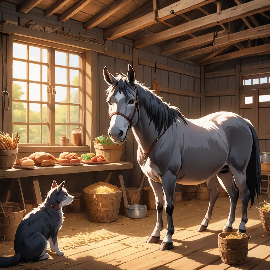 a horse and a dog in a barn with a window and a table with food on it and a dog sitting on the floor, american scene painting, a storybook illustration, Chris LaBrooy, storybook illustration