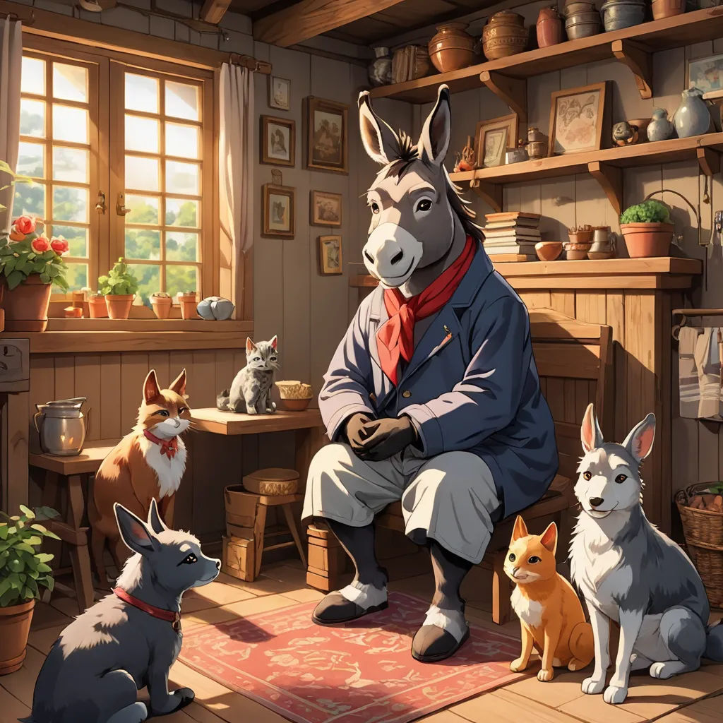 a man sitting in a room with a bunch of animals around him and a dog standing next to him, furry art, a storybook illustration, David Teniers III, official art