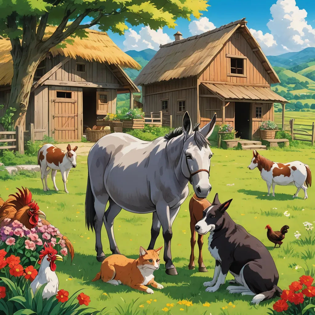 a painting of a farm with a horse and several animals in the grass and a barn in the background, american scene painting, a storybook illustration, Chris LaBrooy, furaffinity