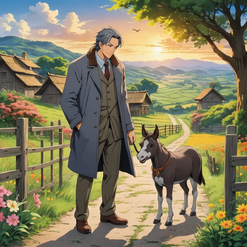 a man in a coat and tie standing next to a donkey on a path near a fence and a farm, neo-romanticism, a storybook illustration, David Brewster, official art