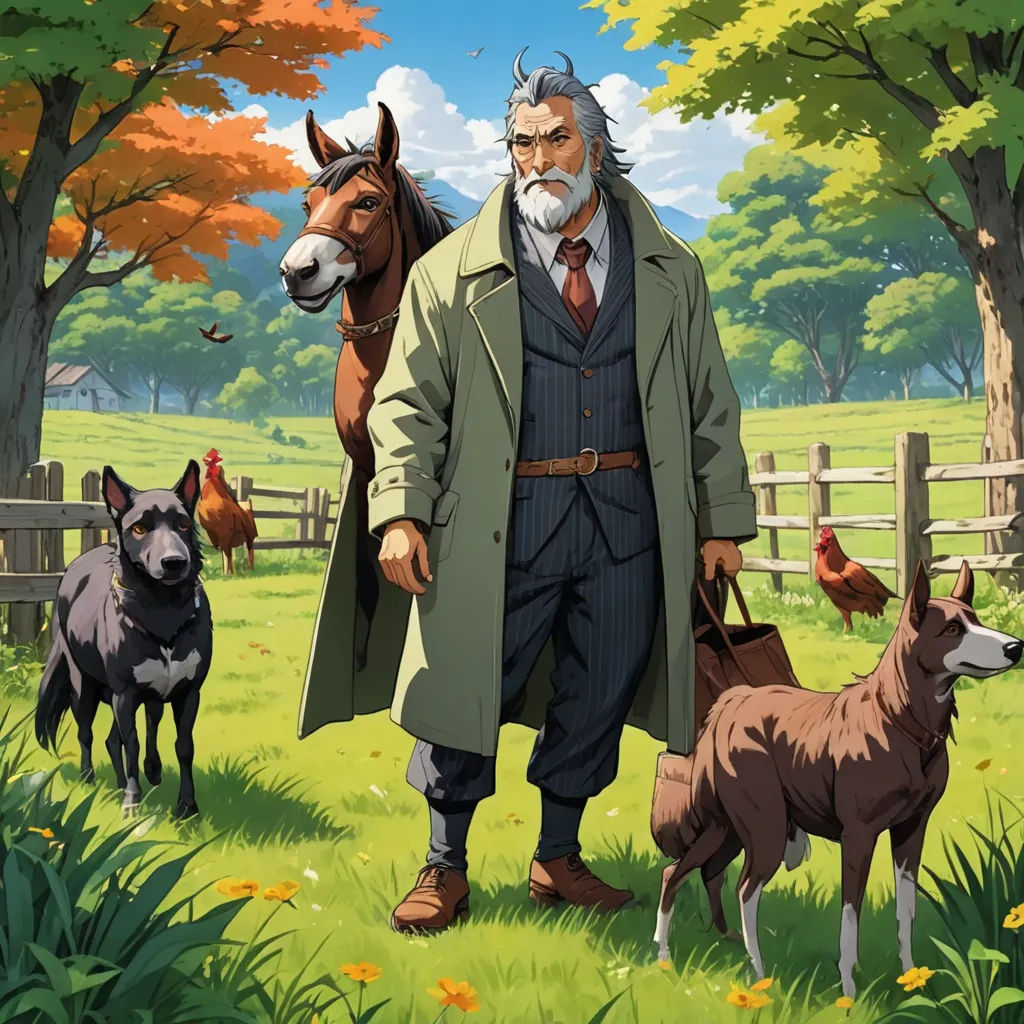 a man in a coat and a dog and a horse in a field with trees and grass and a fence, context art, a character portrait, David Brewster, official art
