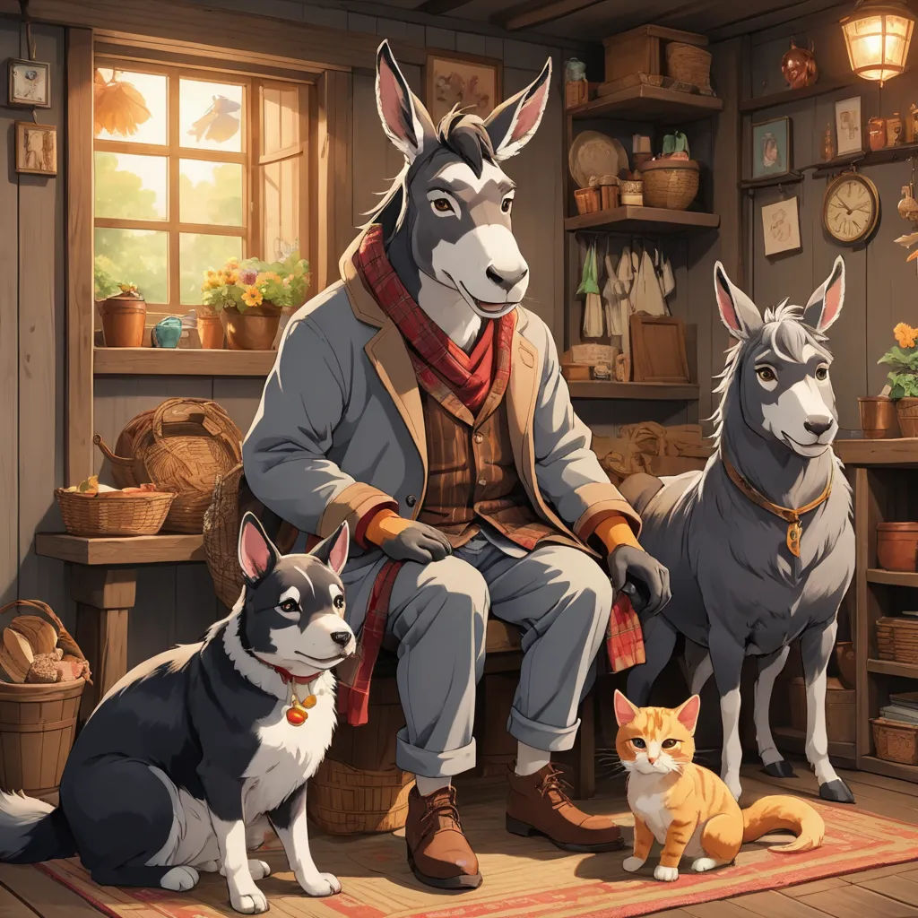 a man sitting on a chair next to two dogs and a cat in a room with a clock and other items, furry art, a storybook illustration, David Teniers III, official art