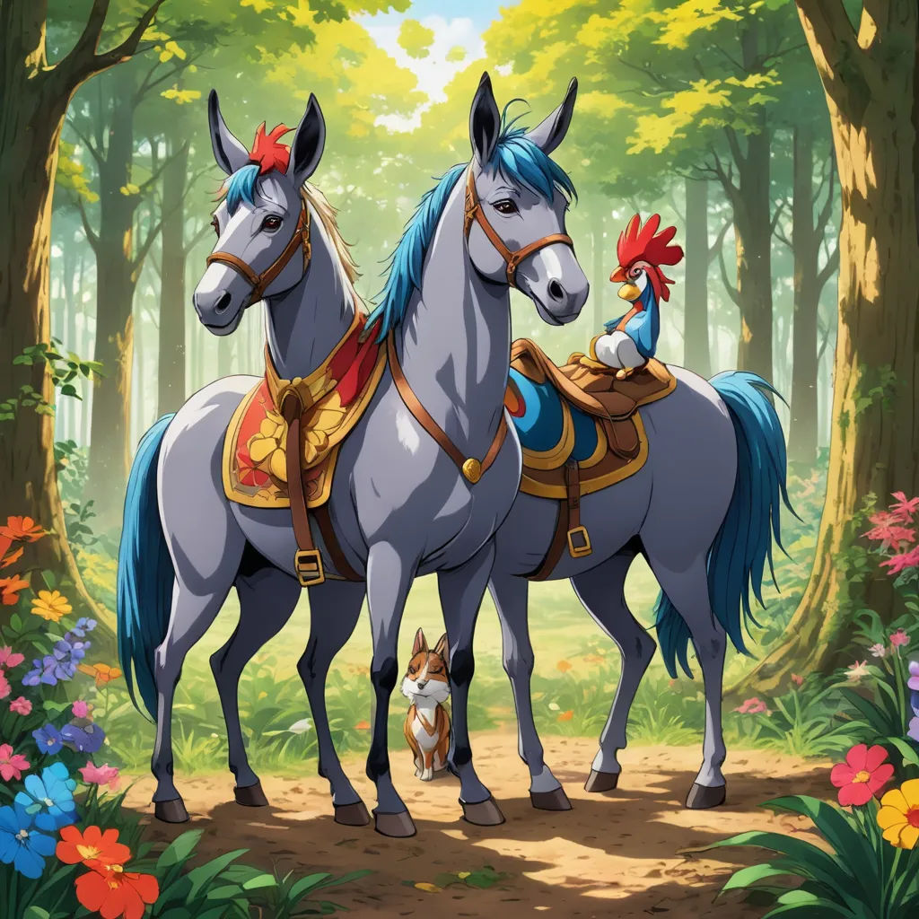 two horses standing in the middle of a forest with a little girl on the back of one horse and a dog on the other, sots art, a storybook illustration, David Teniers III, official art
