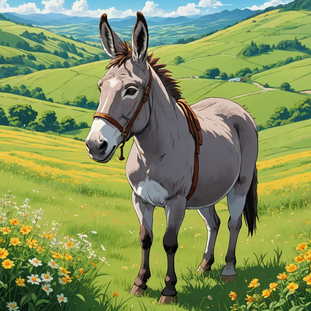 a horse standing in a field of flowers and grass with a sky background and clouds in the distance,, synthetism, a character portrait, Clovis Trouille, official art