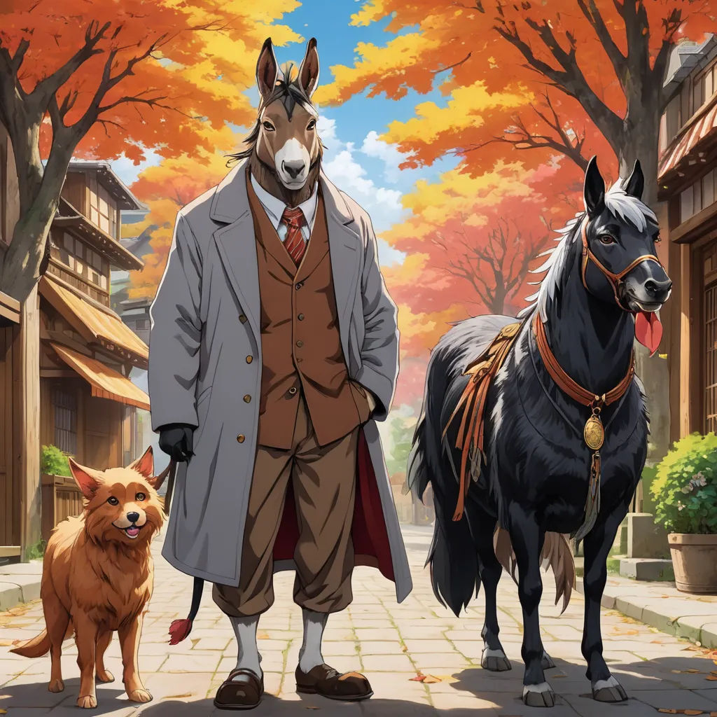 a man standing next to a horse and a dog on a street with trees in the background and a dog standing next to him, furry art, poster art, Dong Kingman, official art