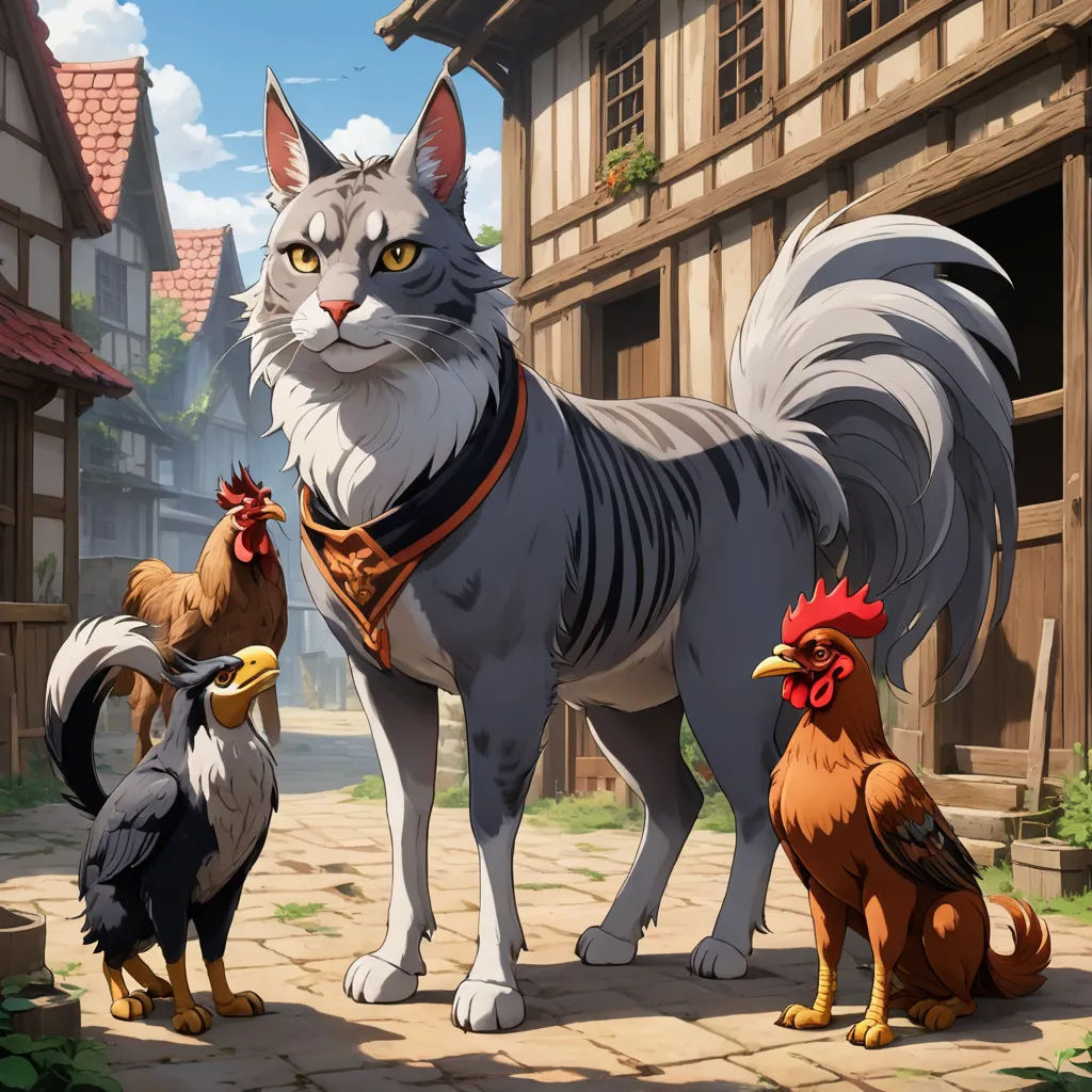 a cat and two chickens standing in front of a house with a rooster on the ground next to it, furry art, a detailed painting, David Teniers III, official art