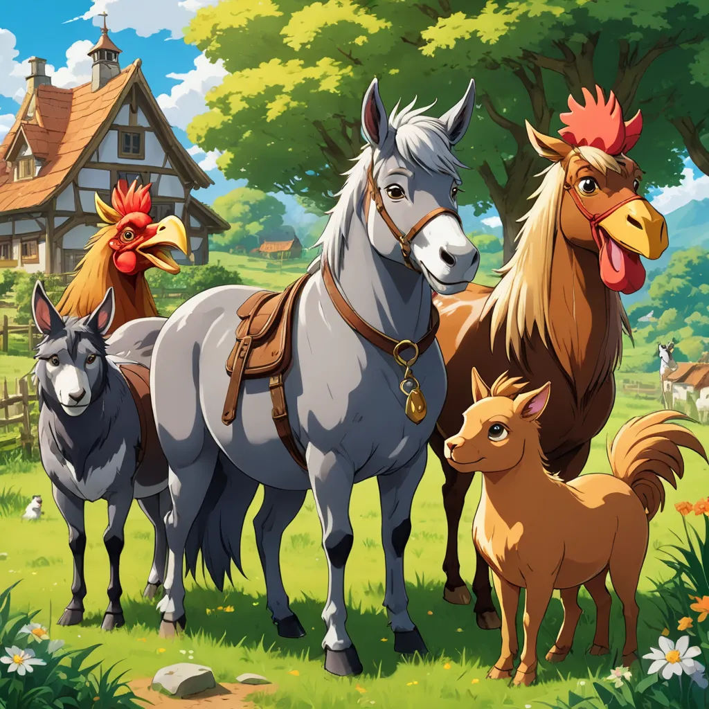 a group of horses standing in a field near a house and a chicken on a farm with a rooster on its back, furry art, a storybook illustration, David Teniers III, key art
