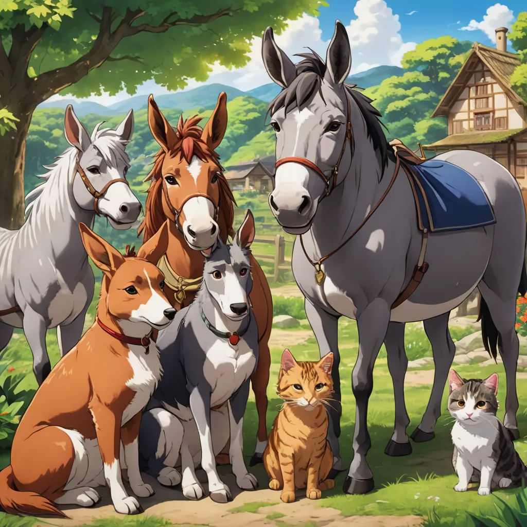 a group of horses and dogs standing in a field with a cat and a horse in the background and a house in the background, sots art, a storybook illustration, Anne Said, official art