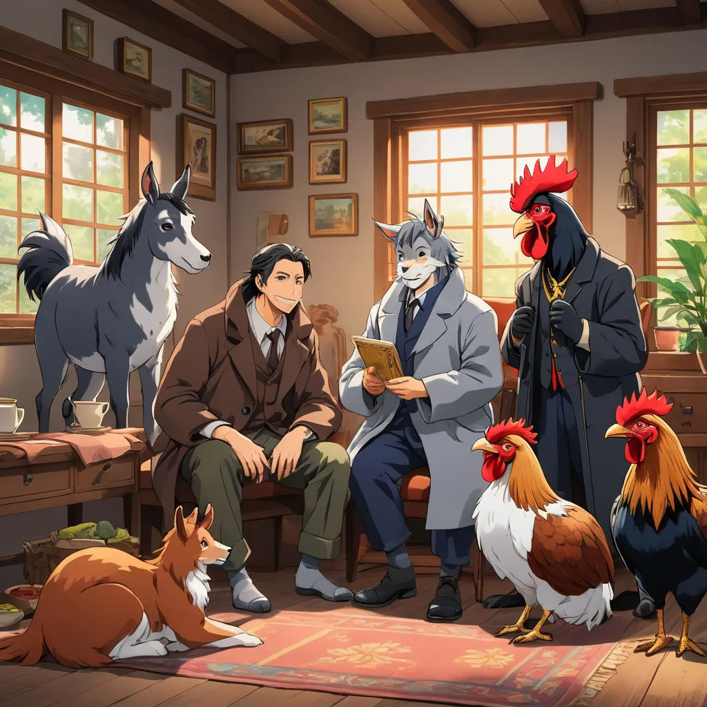 a group of people sitting around a room with animals and a dog on the floor and a man reading a book, furry art, a storybook illustration, Anne Said, official art